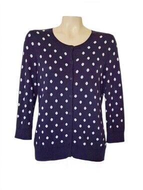 Talbots Navy White Polka Dot Cardigan Sweater Medium 3/4 Sleeve Cotton Rayon